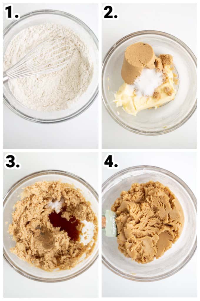 step by step photos of how to make the cookie dough by adding ingredients to a glass bowl on a white surface
