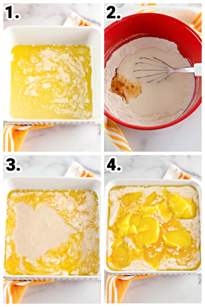 Step by Step photos of making lemon cobbler in a white square dish