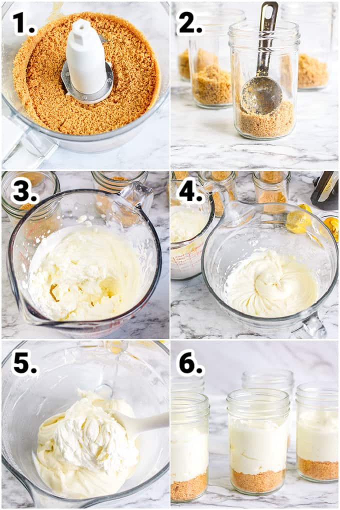 collage showing step by step photos on how to make the cheesecakes in jars