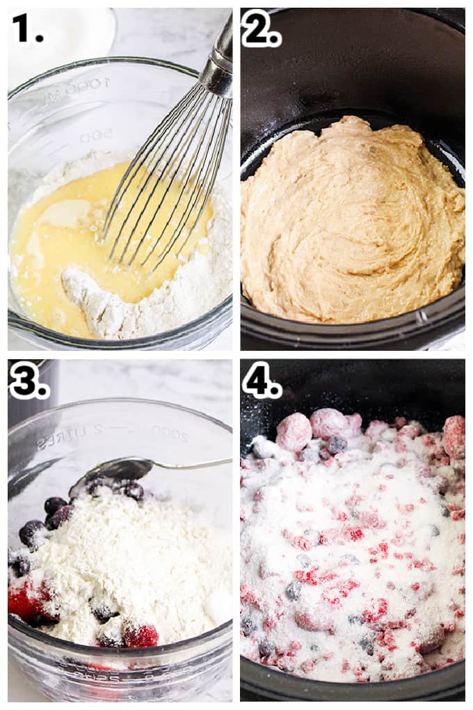 collage of step-by-step-photos of how to make slow cooker berry cobbler