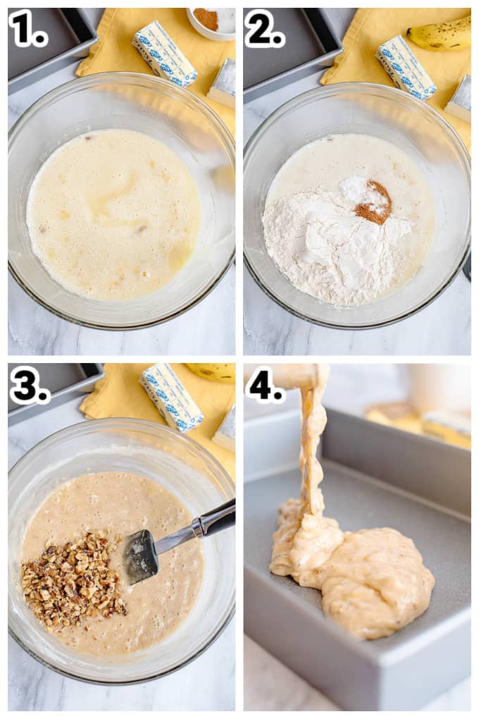 collage showing step by step photos on how to make banana bars by adding ingredients into a glass bowl