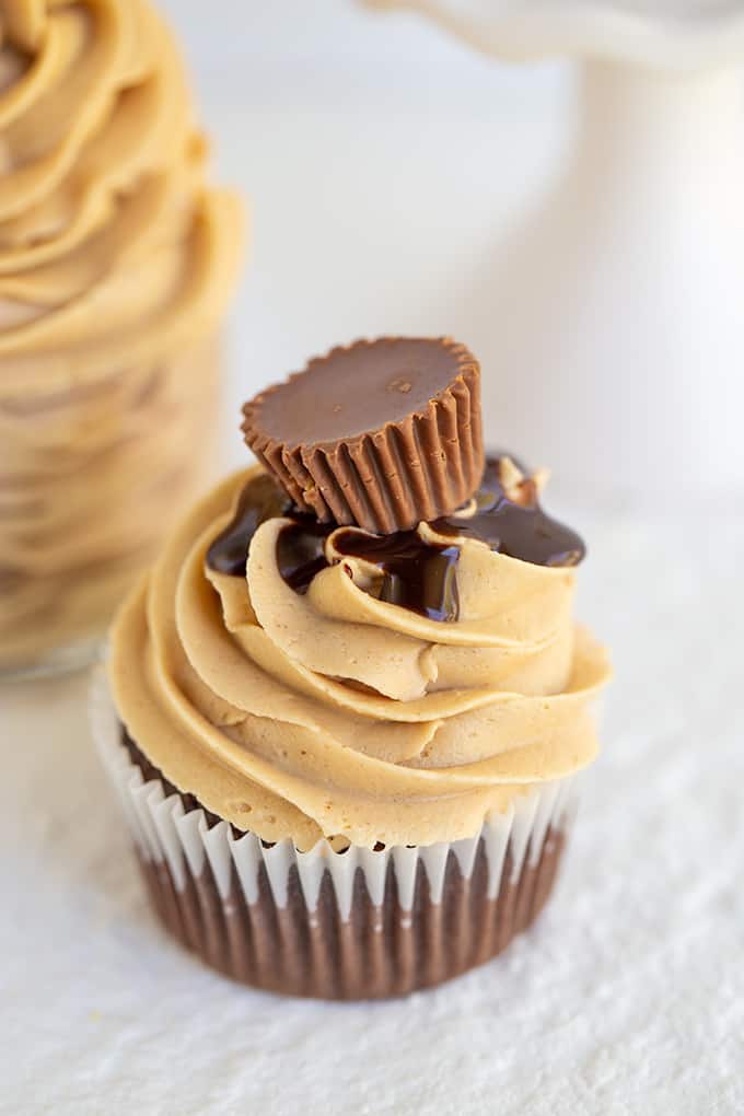 peanut butter frosting on a chocolate cupcake on a white surface