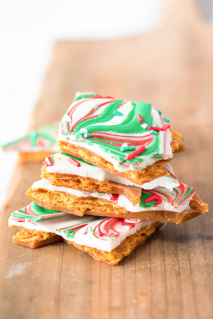 stack of christmas toffee on a cutting board
