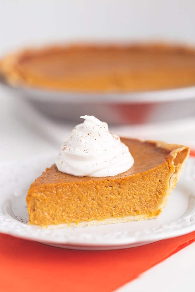 slice of pie on a white plate with the pie plate behind it