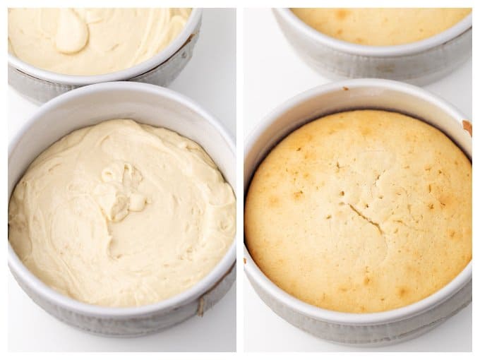 collage showing the cake batter in the prepared cake pan and after the cake batter is baked into a vanilla cake