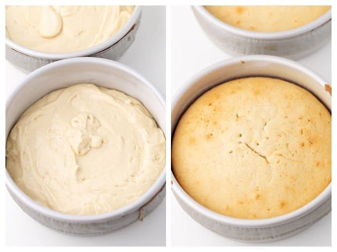 collage showing the cake batter in the prepared cake pan and after the cake batter is baked into a vanilla cake