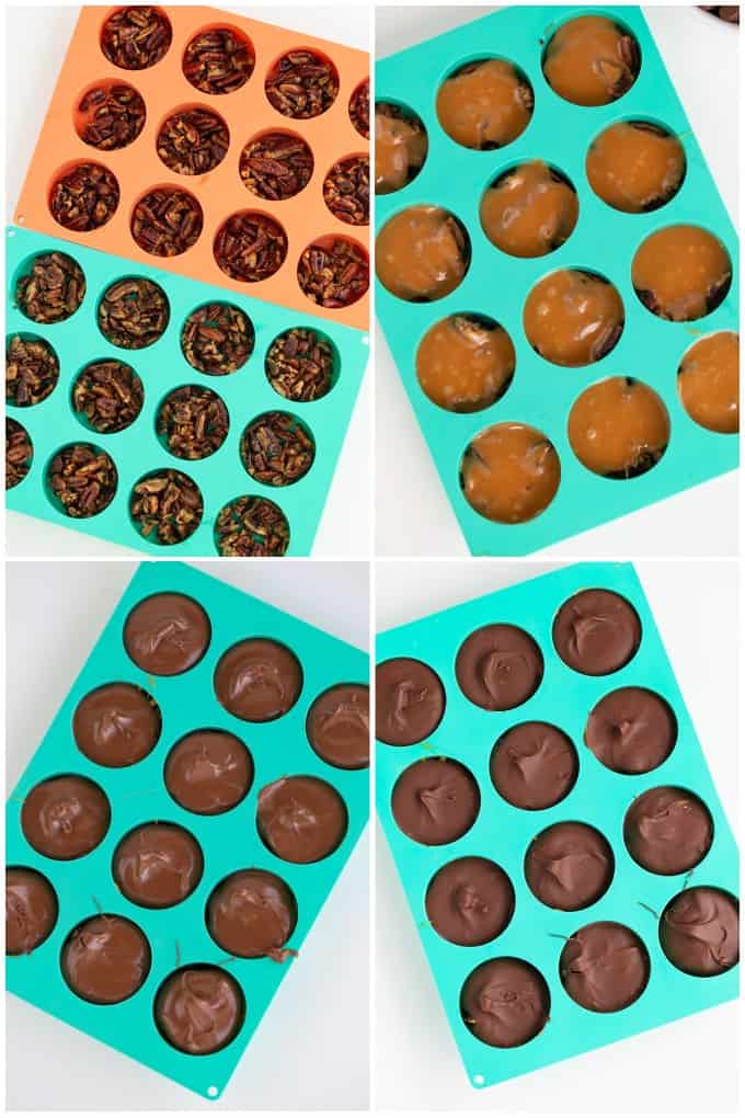 collage showing the steps of layering the ingredients to make chocolate turtles