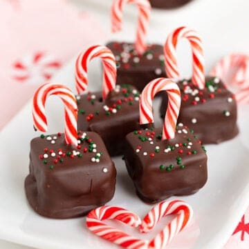a white rectangle plate with cheesecake bites on it and a heart shaped candy cane