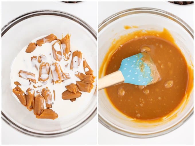 collage of overhead images of caramel and cream in a glass bowl and a second image of the melted caramels in the bowl