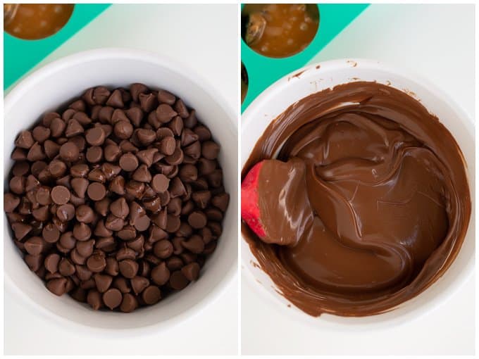 collage of two overhead photos of the chocolate chips and oil in a white bowl and of the chocolate being completely melted