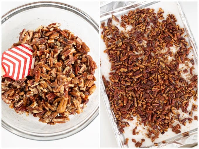 collage of overhead images of a bowl of pecans and a second image of the pecans scattered on a baking sheet