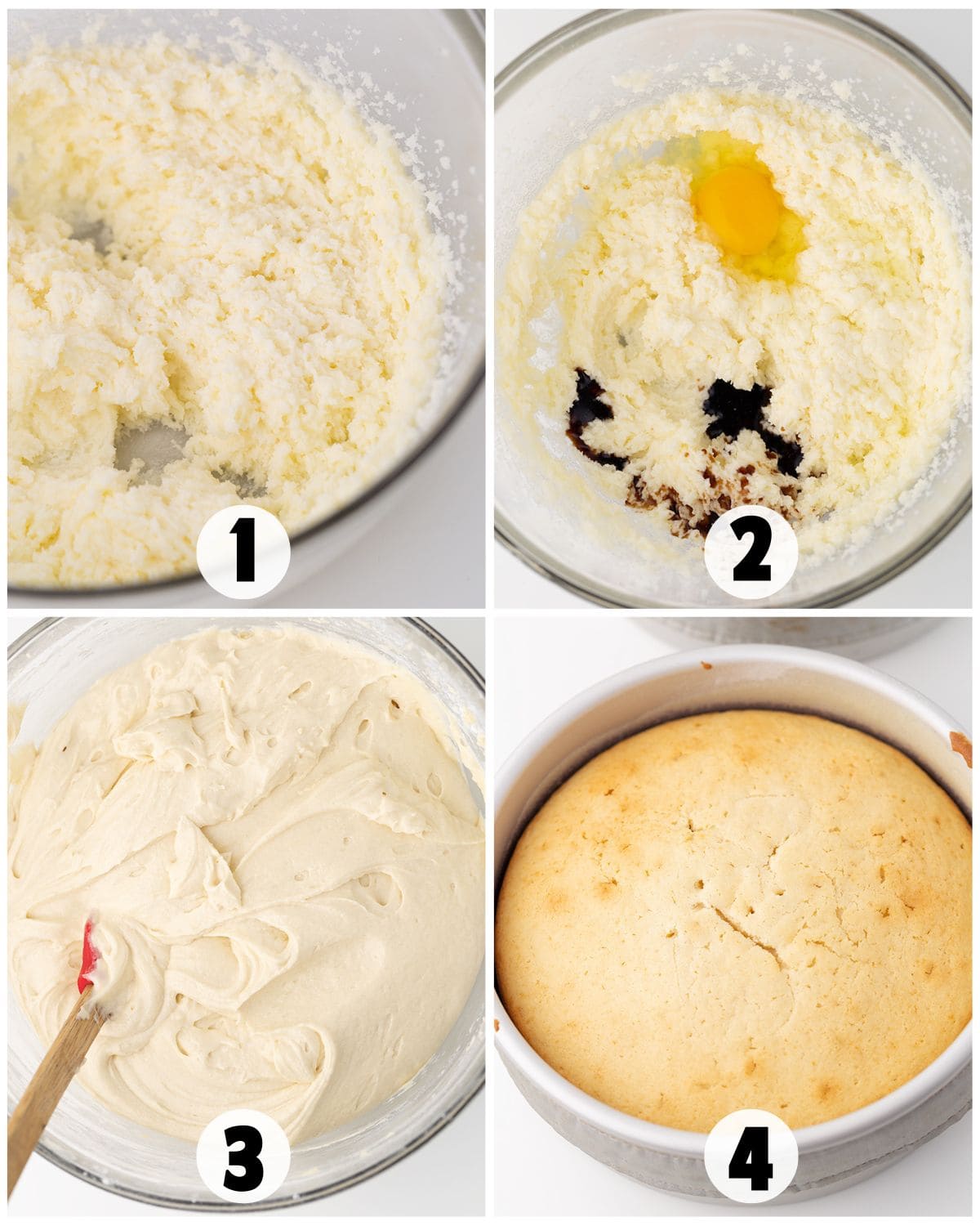 A four-step collage shows Cannoli Cake batter preparation: creamed mixture, egg and vanilla added, mixed batter, and a baked cake in a round pan.