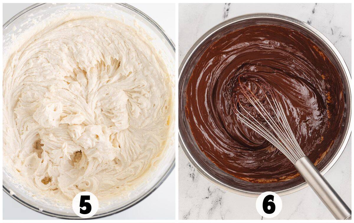 Split image: left shows a bowl of Cannoli Cake whipped cream mixture with number 5; right shows a bowl of chocolate batter being whisked with number 6.