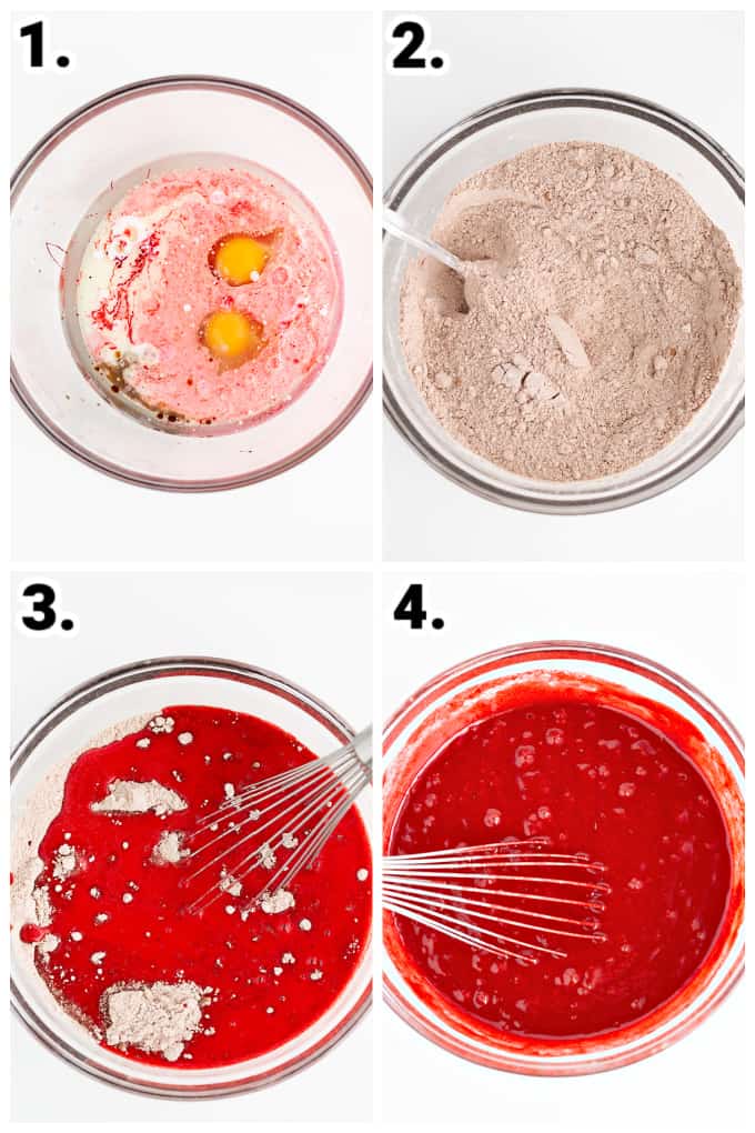 collage showing step-by-step photos on a white surface with a glass bowl on how to make red velvet cake