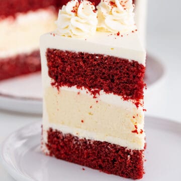 close up of a slice of cheesecake cake showing the layers of cake and cheesecake on a large white plate with the rest of the cake behind it
