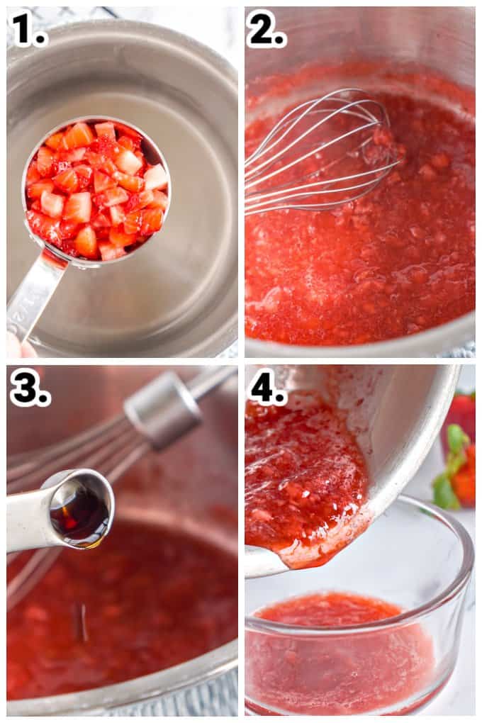 collage showing how the strawberry sauce was made in a saucepan