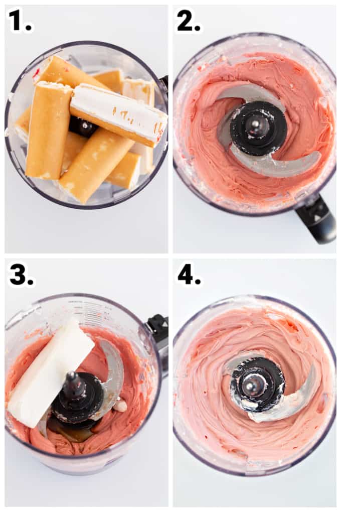 collage showing step by step how to make strawberry dip in a food processor