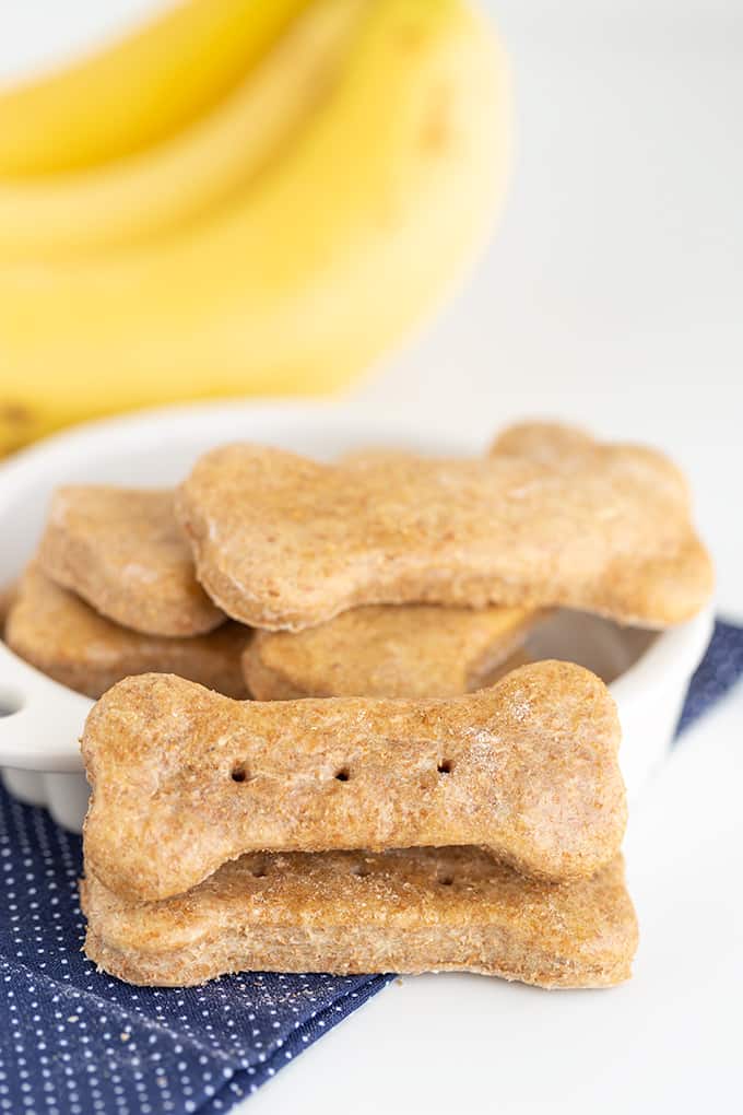 A bowl of peanut butter banana dog treats.