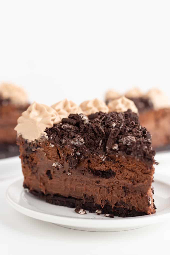 A delectable chocolate oreo cheesecake slice.