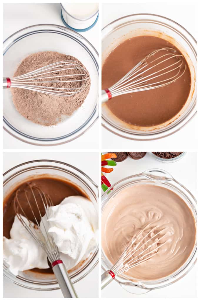 step by step photos showing how to make the chocolate pudding mousse in a glass bowl on a white counter