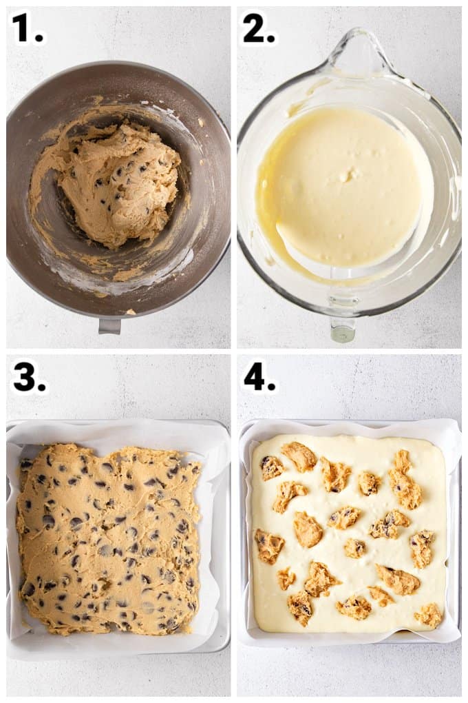 collage showing how to layer the cookie cheesecake bars on a white surface