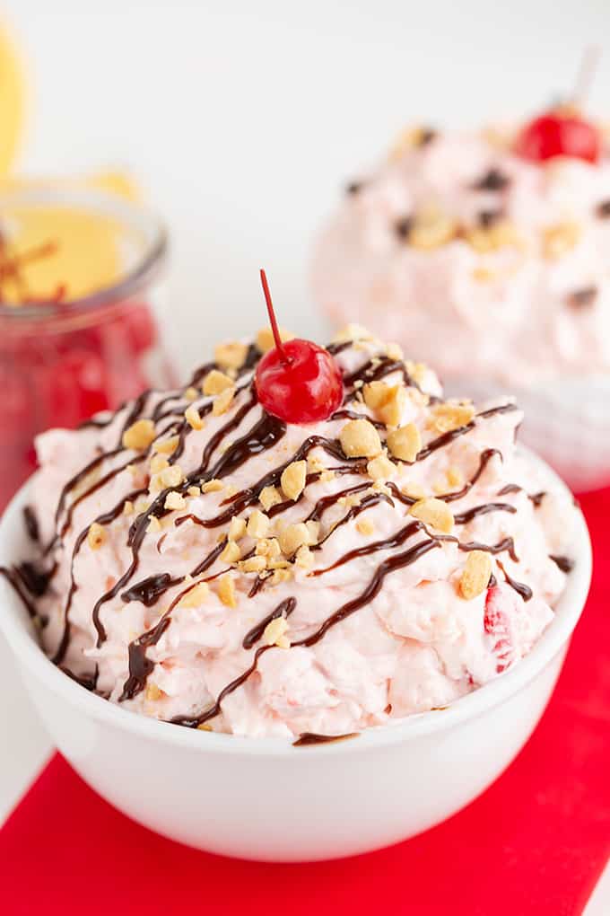 bowl of creamy fluff salad on red linen