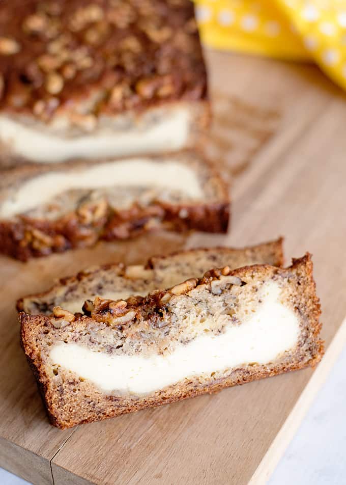 Cream Cheese Banana Bread Loaf, sliced close-up.