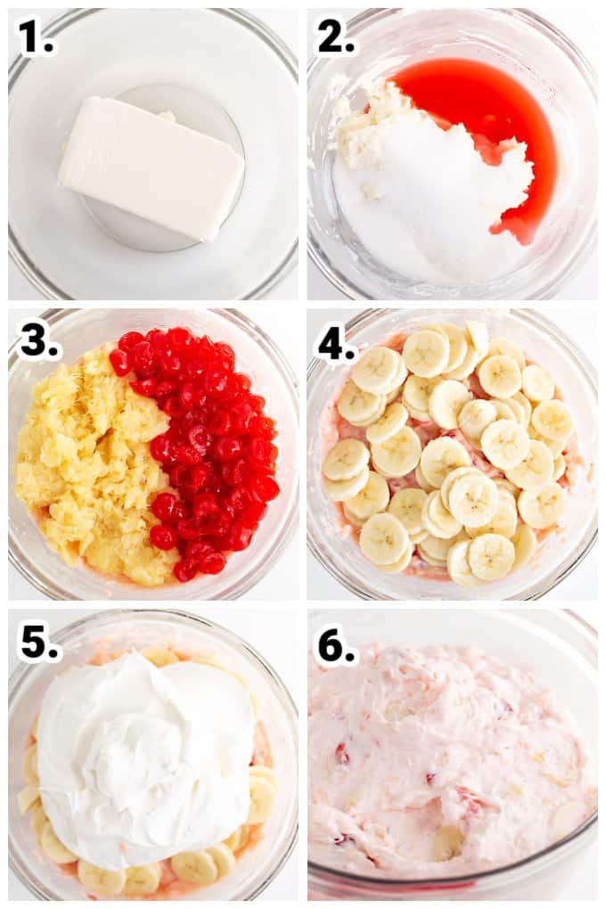 collage showing step by step adding ingredients into a glass bowl to make the fluff salad