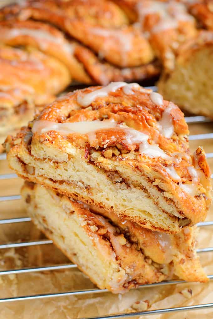 two slices of wreath bread on a wire rack