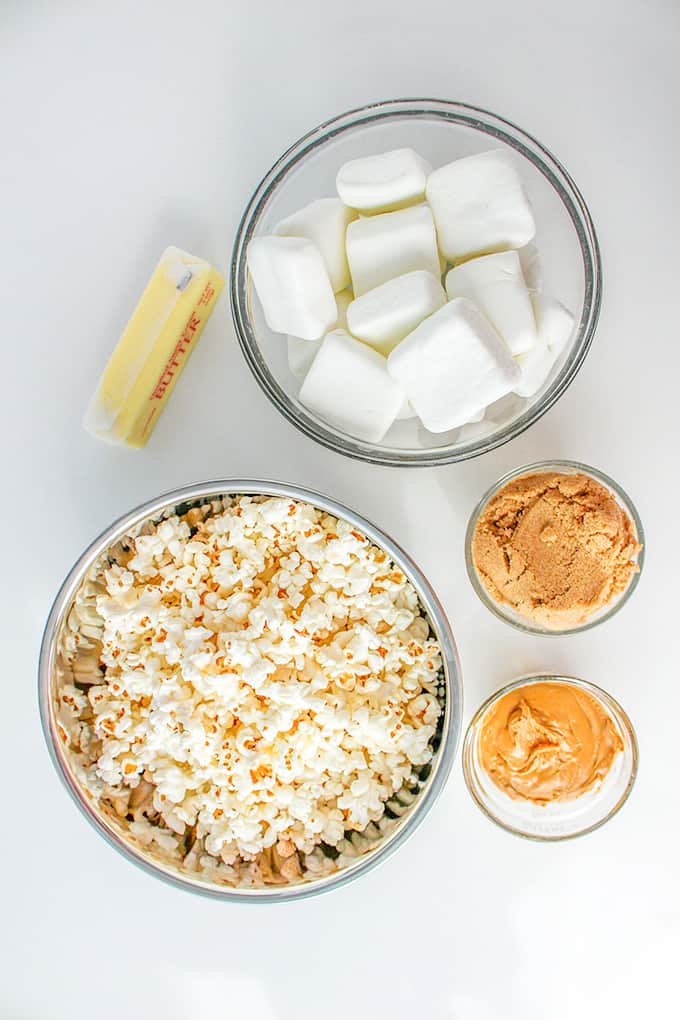 Ingredients: marshmallows, butter, peanut butter, brown sugar, and popped popcorn.
