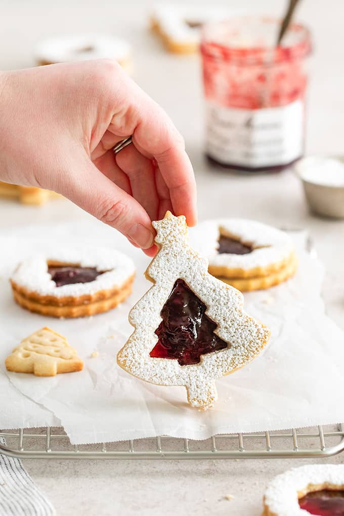 Hand holding a linzer cookie