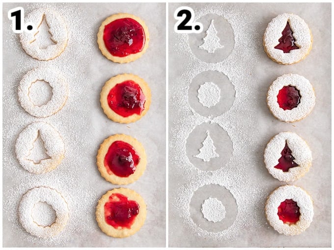 cookies dusted with powdered sugar and other cookies with jam on top on parchment paper