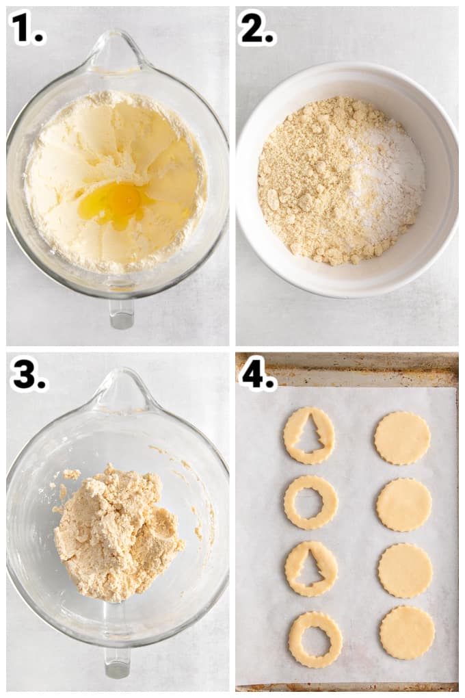 collage showing ingredients being added into a mixing bowl to form a dough