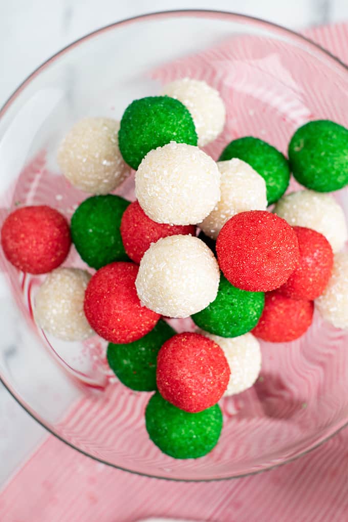 Completed Christmas Truffles in a bowl, top down view.