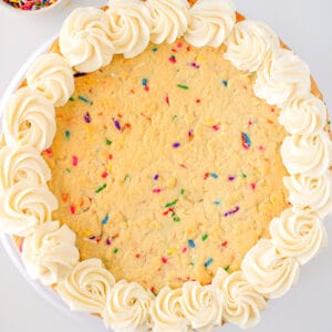 close up of homemade sugar cookie cake with sprinkles in it