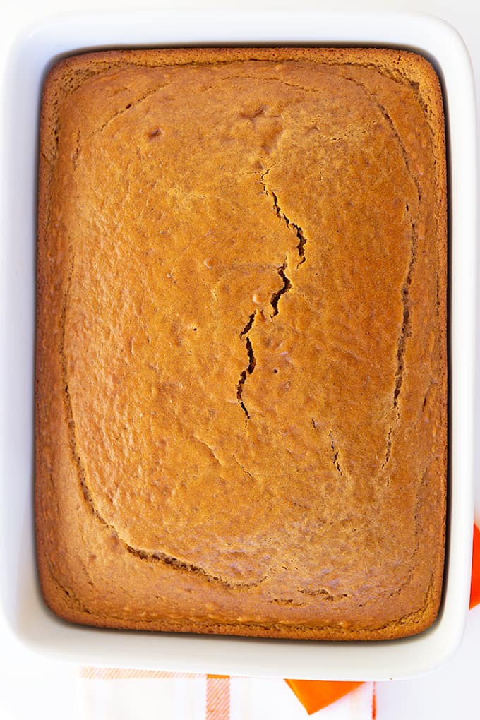 Top down of unfrosted cake in a white rectangle baking dish