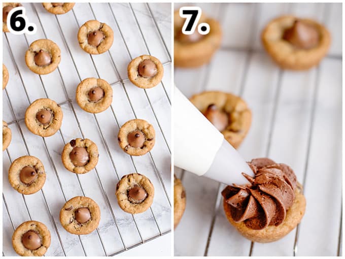 collage showing the cookie cups on a cooling wrap and a second image showing a piping bag piping chocolate frosting on top of the cooled chocolate chip cookie cup.