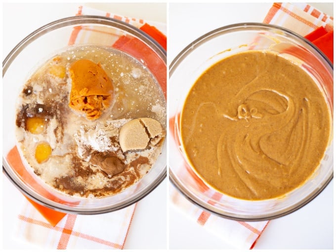 Two pictures showcasing the ingredients for a delectable pumpkin cake recipe in a white bowl with an orange and a white and orange linen under the bowl