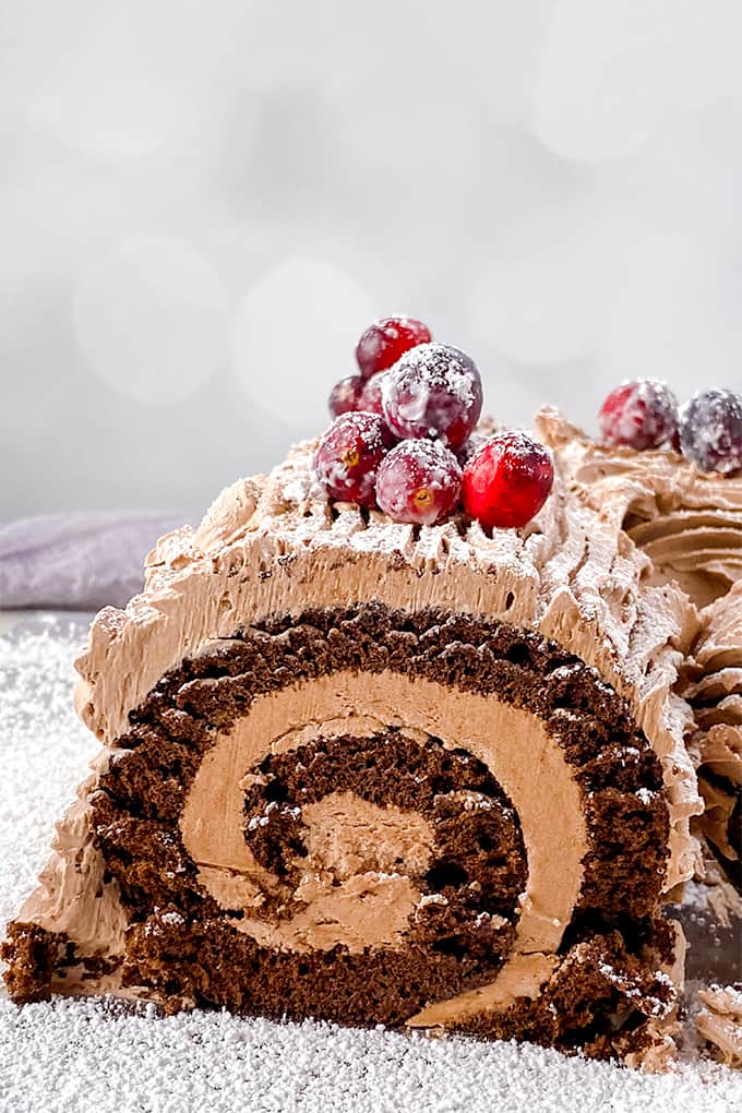 Close up of the buche de noel showing the texture of the cake on a silver cake board covered in powdered sugar