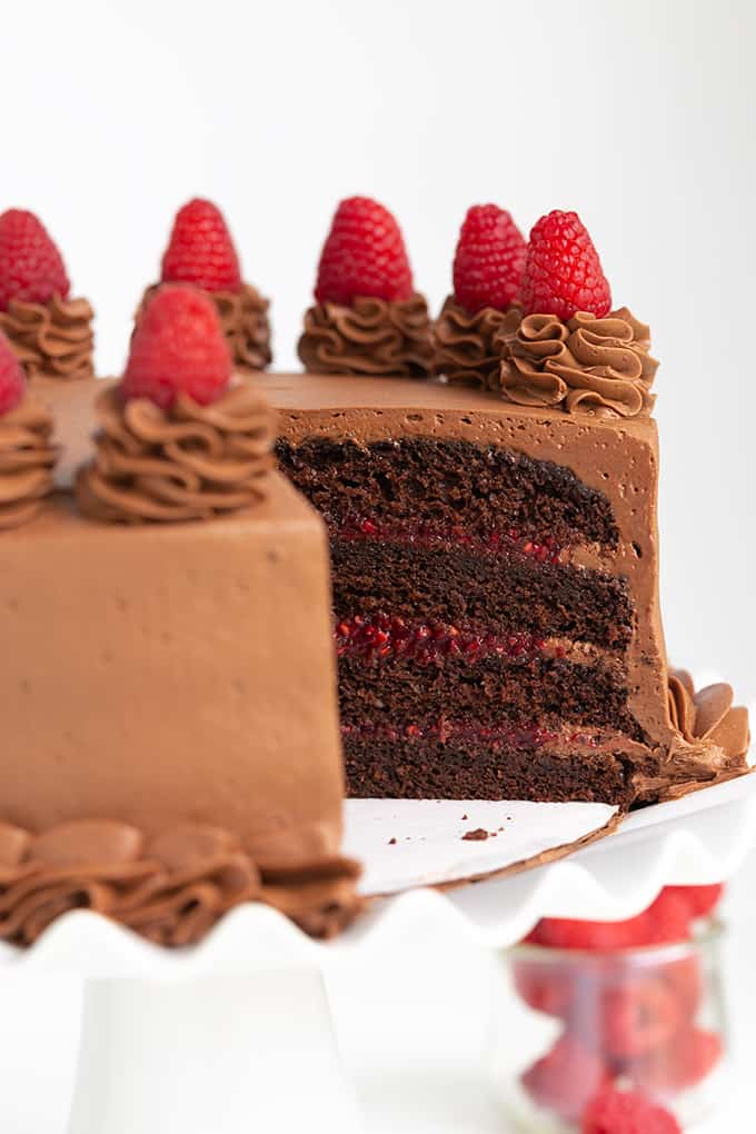 chocolate cake on a white cake plate with raspberries under it