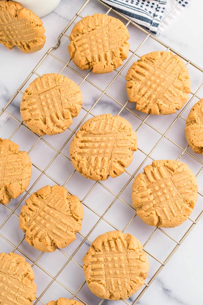 Top down view of cake mix peanut butter cookies on a cooling rack.