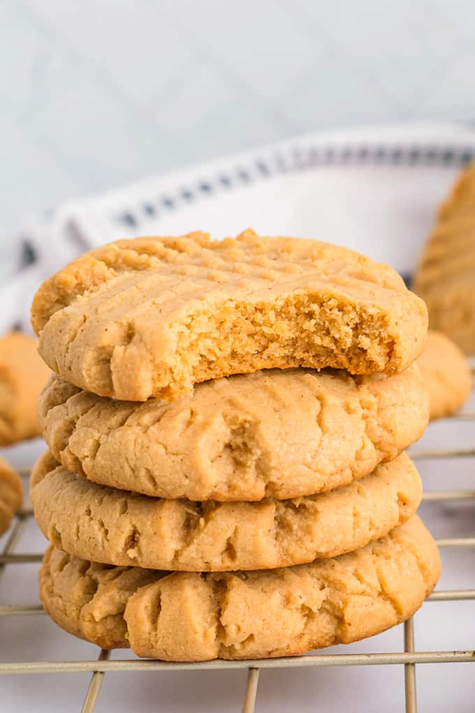 Tall stack of cake mix peanut butter cookies.