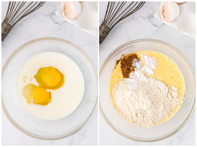 Two photos of ingredients being added to a glass bowl for homemade funnel cakes on a marble surface with a whisk and egg shell next to the bowl