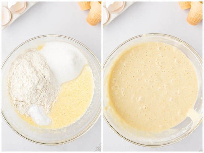 Two photos showing the ingredients for ice cream cone cupcakes.