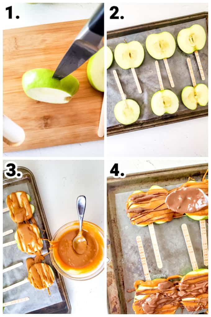 Step by step photos showing how to make caramel apples on a stick by prepping granny smith apples