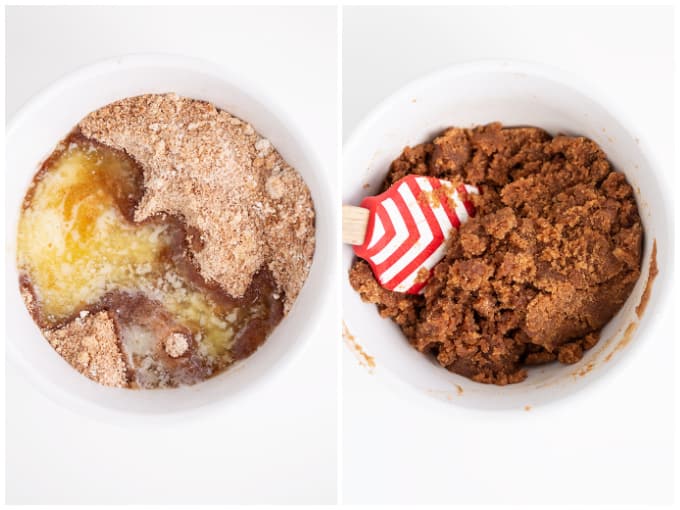 Two pictures of a small white bowl with a cinnamon and brown sugar mixture in it on a white surface