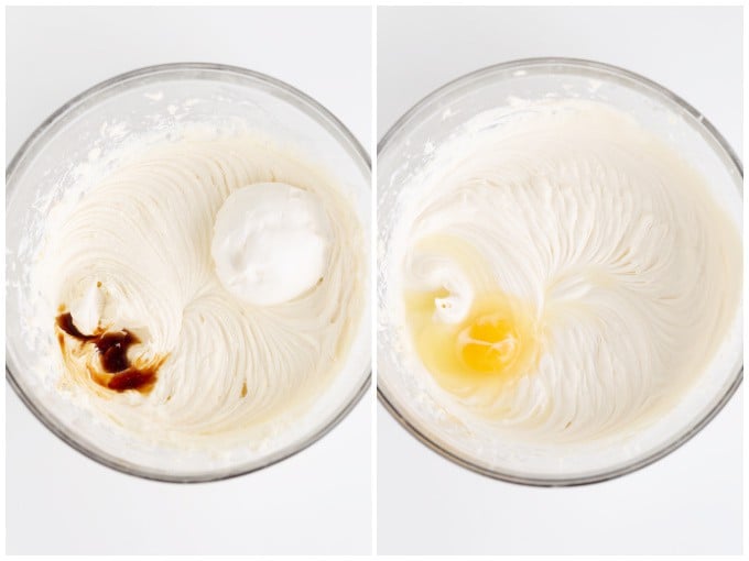 Two pictures of cheesecake batter with ingredients being added with sour cream, vanilla, and eggs in a glass bowl on a white surface