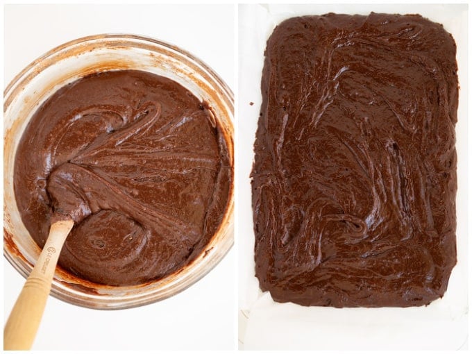 step by step adding the chocolate to the glass bowl and then spreading the batter into a white rectangle baking dish on a white background