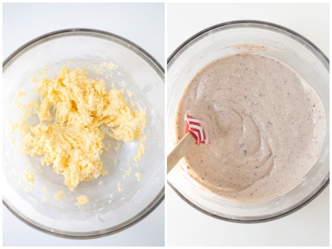 Two photos showing the ingredients for an Oreo Fluff cake batter.