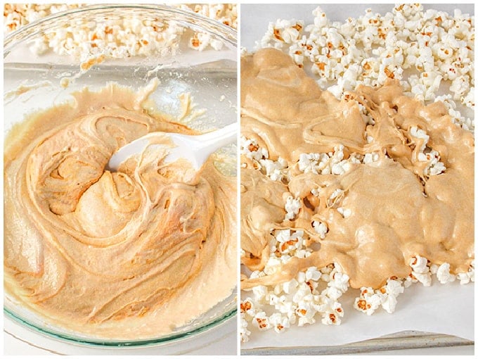 glass bowl full of peanut butter mixture with a white spoon and a second image of peanut butter marshmallow mixture on top of popped popcorn on a parchment lined baking sheet